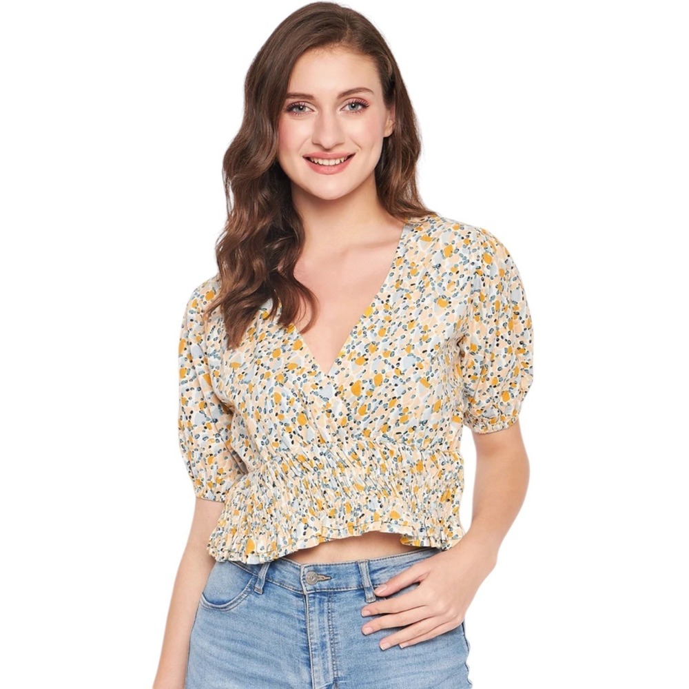 Sim & Sam Cottagecore Dot Poplin Smocked Hem Top Blue Yellow Women's Size M